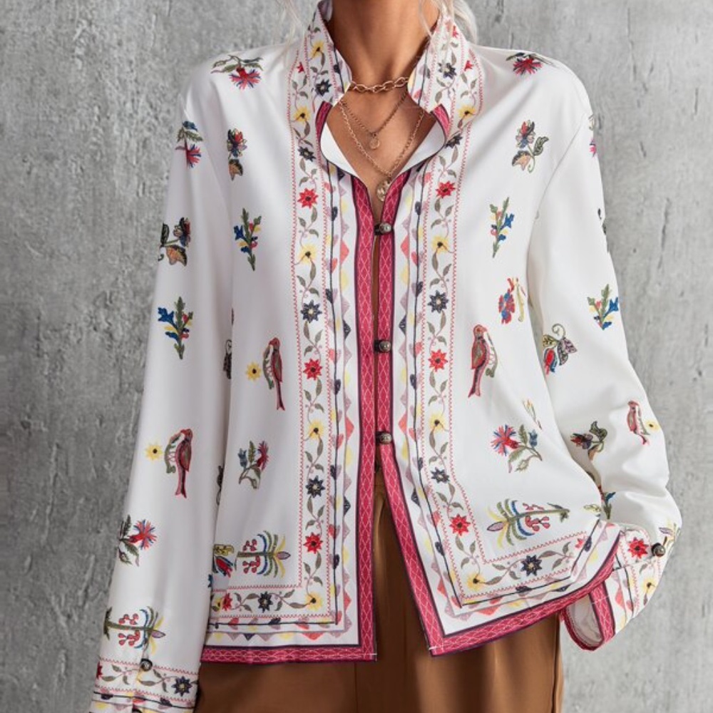 Boho Pink Floral Print Casual Blouse Cottage Core - Picture 2 of 4